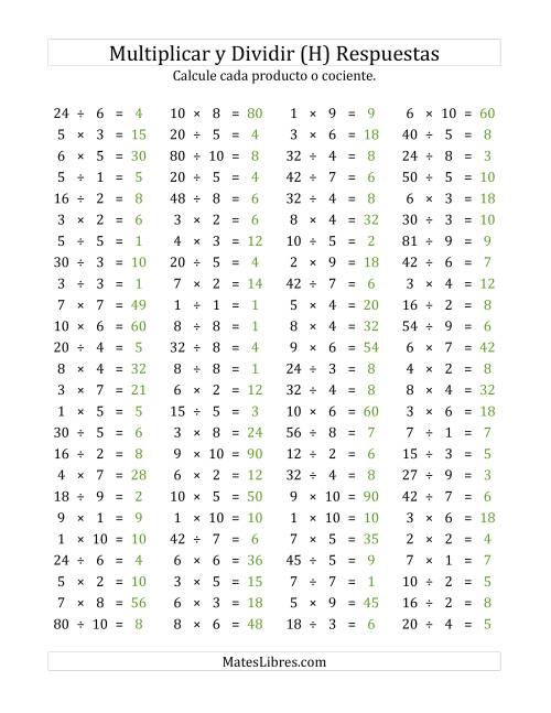 La hoja de ejercicios de 100 Preguntas Horizontales de Multiplicación y División (de 1 a 10) (H) Página 2