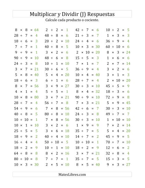 La hoja de ejercicios de 100 Preguntas Horizontales de Multiplicación y División (de 1 a 10) (J) Página 2