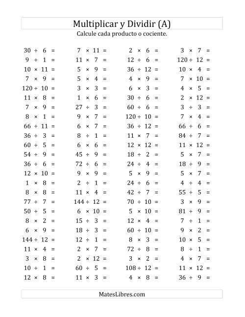 La hoja de ejercicios de 100 Preguntas Horizontales de Multiplicación y División (de 1 a 12) (A)