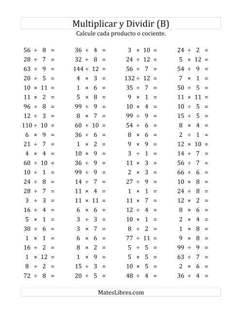 La hoja de ejercicios de 100 Preguntas Horizontales de Multiplicación y División (de 1 a 12) (B)