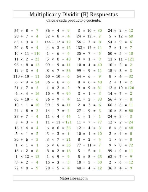 La hoja de ejercicios de 100 Preguntas Horizontales de Multiplicación y División (de 1 a 12) (B) Página 2