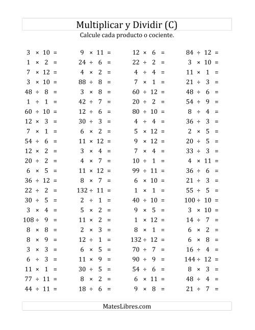 La hoja de ejercicios de 100 Preguntas Horizontales de Multiplicación y División (de 1 a 12) (C)