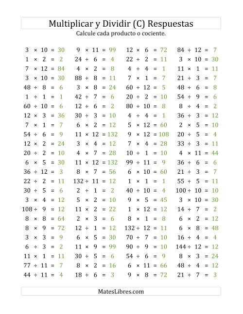La hoja de ejercicios de 100 Preguntas Horizontales de Multiplicación y División (de 1 a 12) (C) Página 2