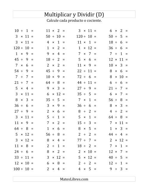 La hoja de ejercicios de 100 Preguntas Horizontales de Multiplicación y División (de 1 a 12) (D)