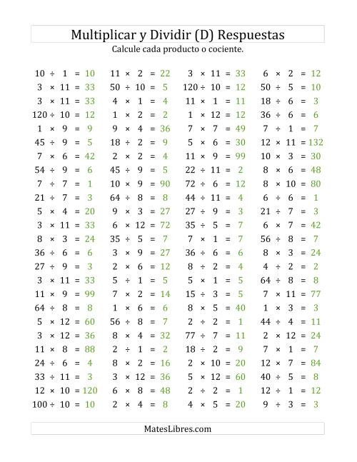 La hoja de ejercicios de 100 Preguntas Horizontales de Multiplicación y División (de 1 a 12) (D) Página 2