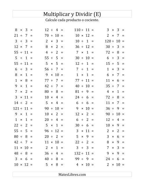 La hoja de ejercicios de 100 Preguntas Horizontales de Multiplicación y División (de 1 a 12) (E)
