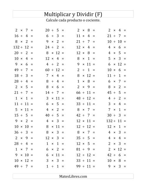 La hoja de ejercicios de 100 Preguntas Horizontales de Multiplicación y División (de 1 a 12) (F)