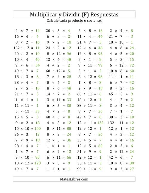 La hoja de ejercicios de 100 Preguntas Horizontales de Multiplicación y División (de 1 a 12) (F) Página 2