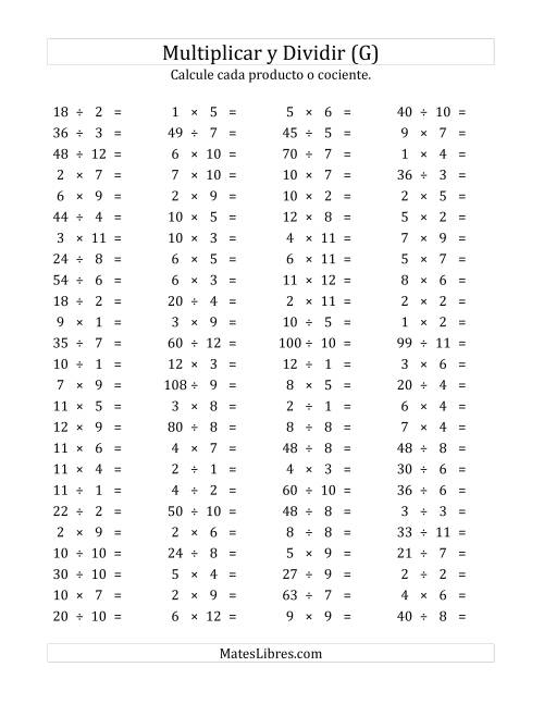 La hoja de ejercicios de 100 Preguntas Horizontales de Multiplicación y División (de 1 a 12) (G)