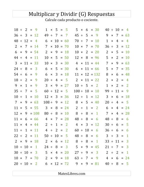 La hoja de ejercicios de 100 Preguntas Horizontales de Multiplicación y División (de 1 a 12) (G) Página 2