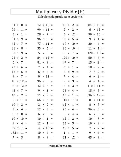 La hoja de ejercicios de 100 Preguntas Horizontales de Multiplicación y División (de 1 a 12) (H)