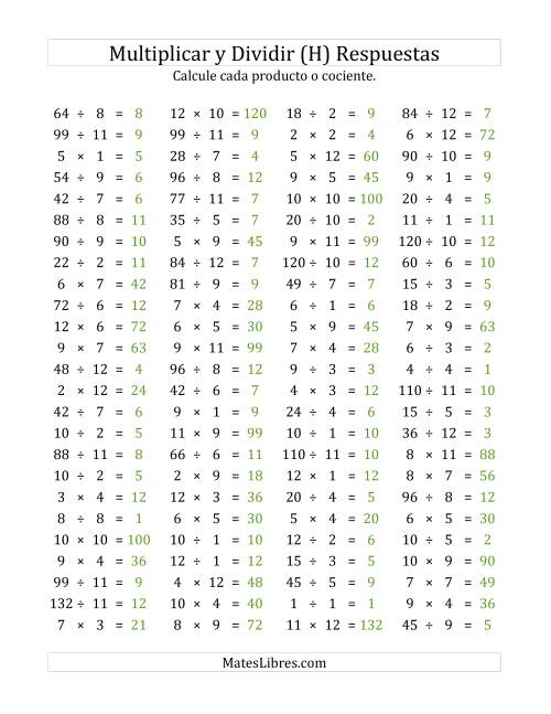 La hoja de ejercicios de 100 Preguntas Horizontales de Multiplicación y División (de 1 a 12) (H) Página 2