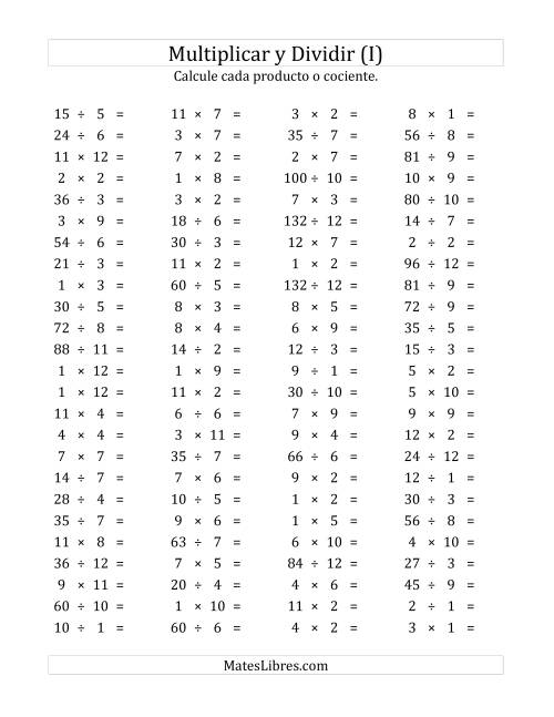La hoja de ejercicios de 100 Preguntas Horizontales de Multiplicación y División (de 1 a 12) (I)