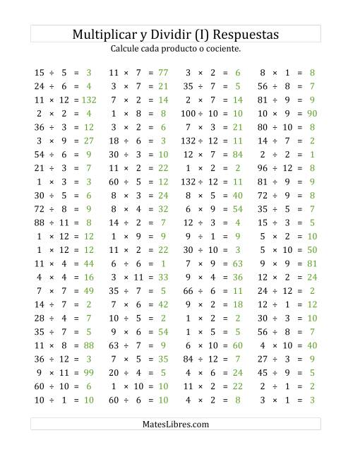La hoja de ejercicios de 100 Preguntas Horizontales de Multiplicación y División (de 1 a 12) (I) Página 2