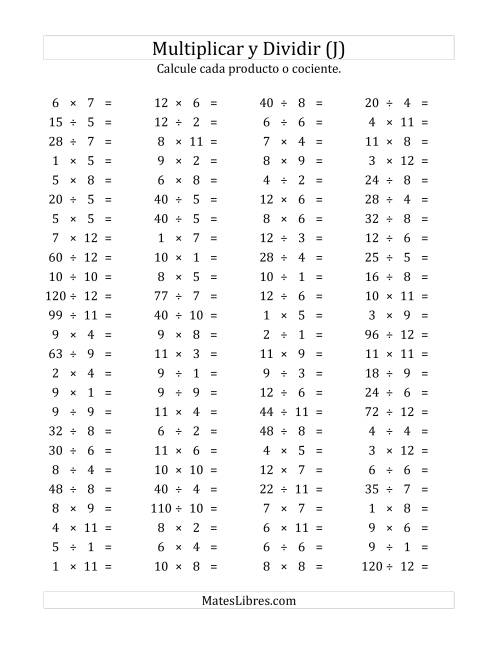 La hoja de ejercicios de 100 Preguntas Horizontales de Multiplicación y División (de 1 a 12) (J)