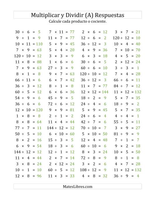 La hoja de ejercicios de 100 Preguntas Horizontales de Multiplicación y División (de 1 a 12) (Todas) Página 2