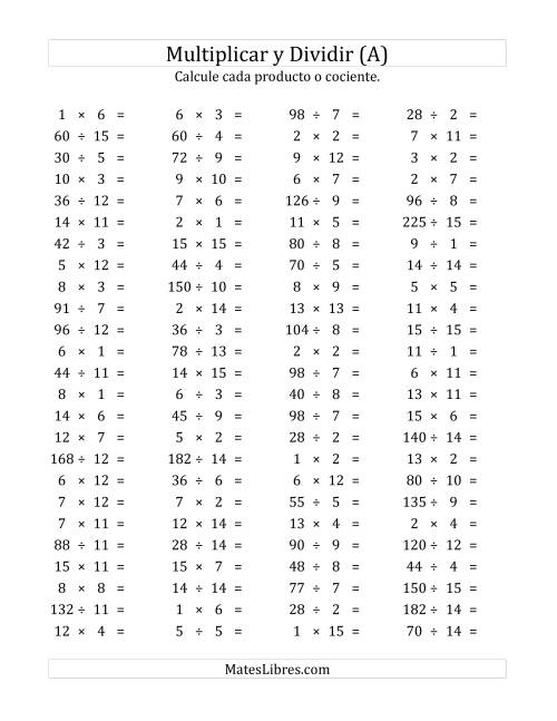 La hoja de ejercicios de 100 Preguntas Horizontales de Multiplicación y División (de 1 a 15) (A)