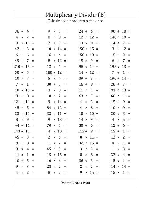 La hoja de ejercicios de 100 Preguntas Horizontales de Multiplicación y División (de 1 a 15) (B)