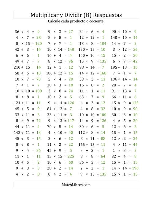 La hoja de ejercicios de 100 Preguntas Horizontales de Multiplicación y División (de 1 a 15) (B) Página 2