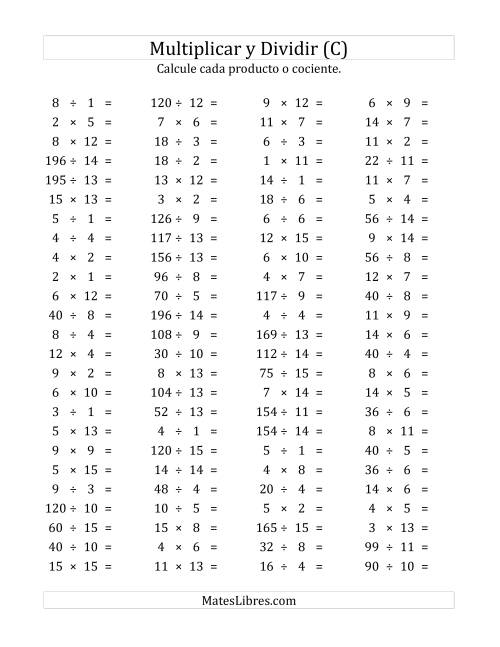 La hoja de ejercicios de 100 Preguntas Horizontales de Multiplicación y División (de 1 a 15) (C)