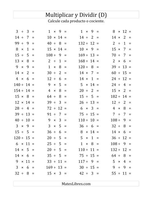 La hoja de ejercicios de 100 Preguntas Horizontales de Multiplicación y División (de 1 a 15) (D)