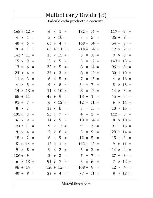 La hoja de ejercicios de 100 Preguntas Horizontales de Multiplicación y División (de 1 a 15) (E)