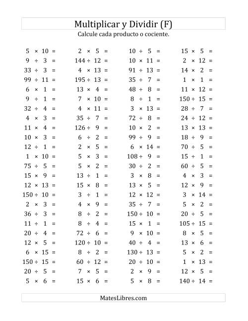 La hoja de ejercicios de 100 Preguntas Horizontales de Multiplicación y División (de 1 a 15) (F)