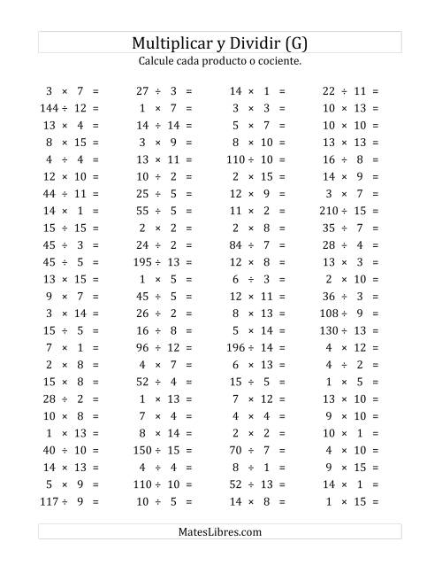 La hoja de ejercicios de 100 Preguntas Horizontales de Multiplicación y División (de 1 a 15) (G)