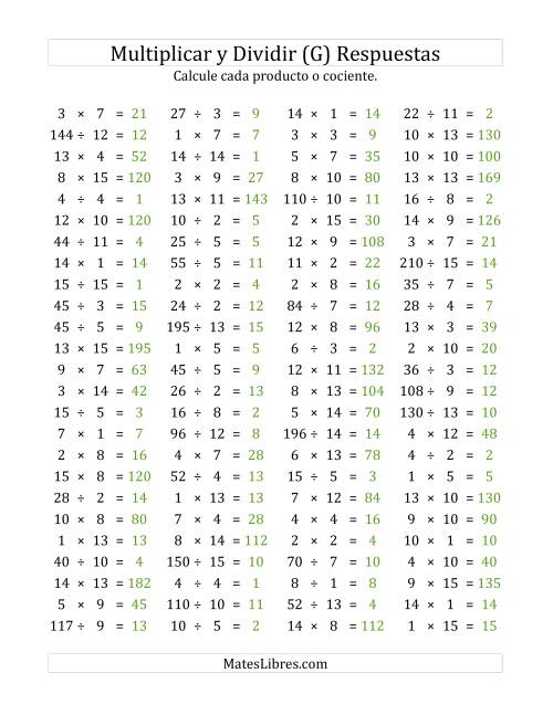 La hoja de ejercicios de 100 Preguntas Horizontales de Multiplicación y División (de 1 a 15) (G) Página 2