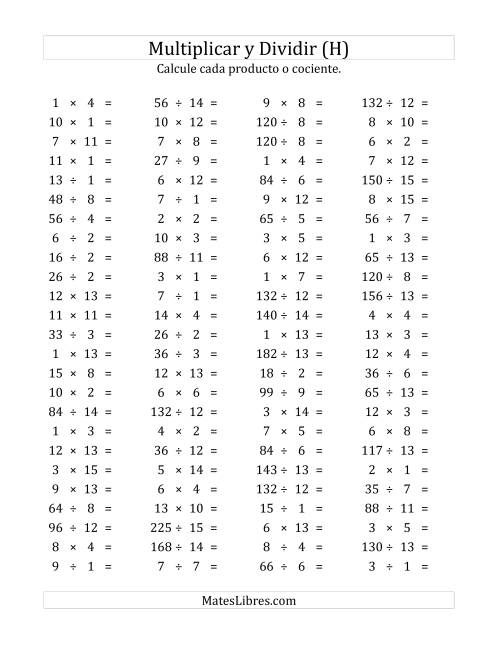 La hoja de ejercicios de 100 Preguntas Horizontales de Multiplicación y División (de 1 a 15) (H)
