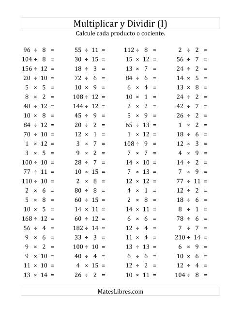 La hoja de ejercicios de 100 Preguntas Horizontales de Multiplicación y División (de 1 a 15) (I)