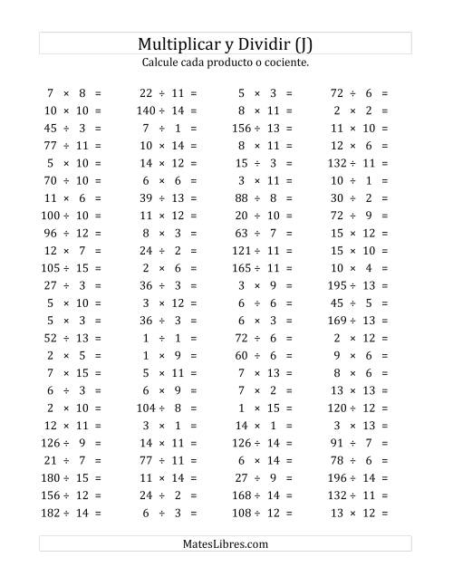 La hoja de ejercicios de 100 Preguntas Horizontales de Multiplicación y División (de 1 a 15) (J)