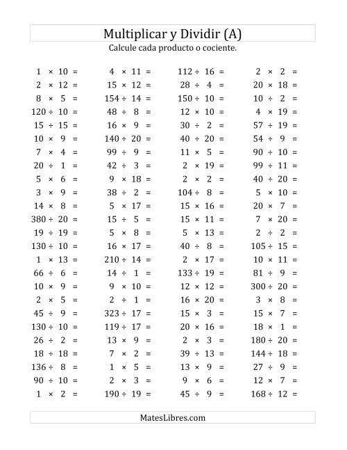 La hoja de ejercicios de 100 Preguntas Horizontales de Multiplicación y División (de 1 a 20) (A)