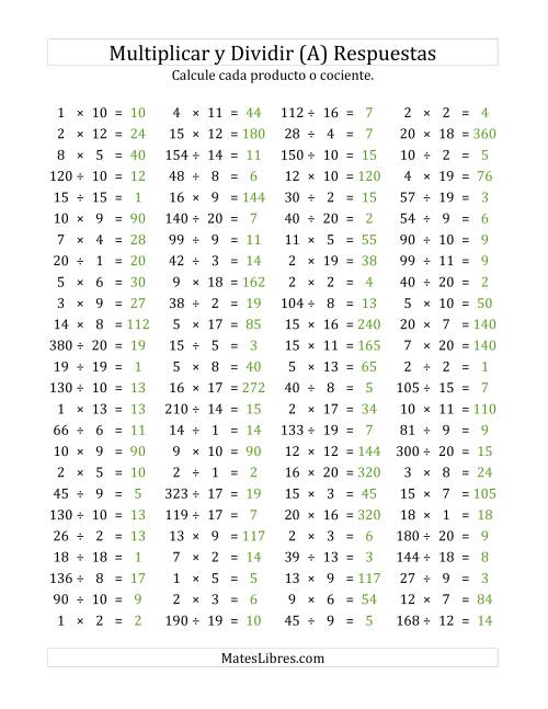 La hoja de ejercicios de 100 Preguntas Horizontales de Multiplicación y División (de 1 a 20) (A) Página 2