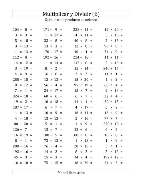 La hoja de ejercicios de 100 Preguntas Horizontales de Multiplicación y División (de 1 a 20) (B)