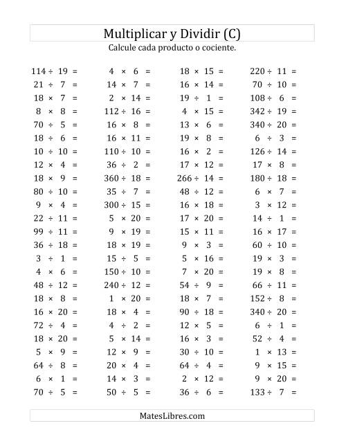 La hoja de ejercicios de 100 Preguntas Horizontales de Multiplicación y División (de 1 a 20) (C)