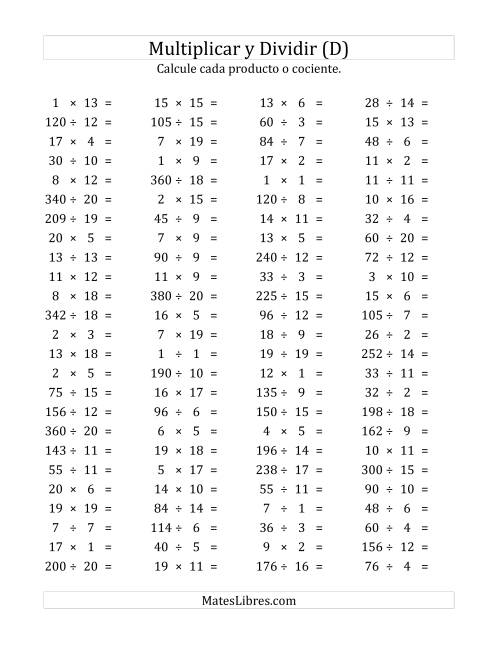 La hoja de ejercicios de 100 Preguntas Horizontales de Multiplicación y División (de 1 a 20) (D)