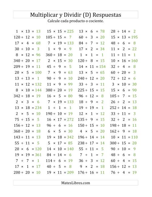 La hoja de ejercicios de 100 Preguntas Horizontales de Multiplicación y División (de 1 a 20) (D) Página 2