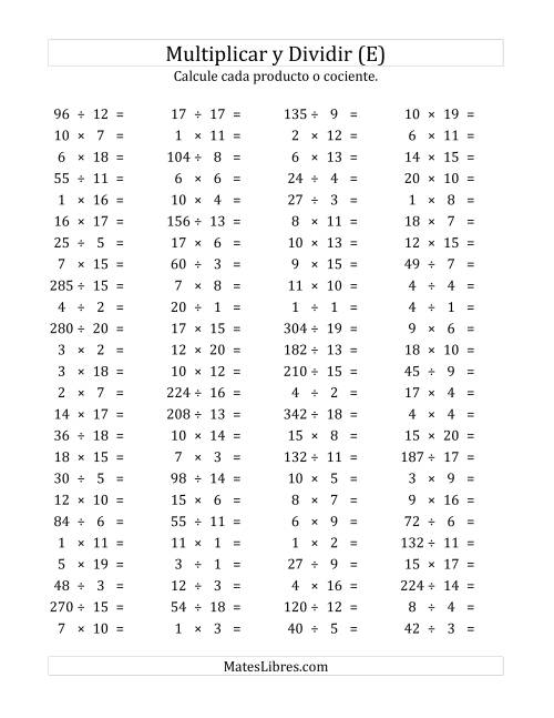 La hoja de ejercicios de 100 Preguntas Horizontales de Multiplicación y División (de 1 a 20) (E)