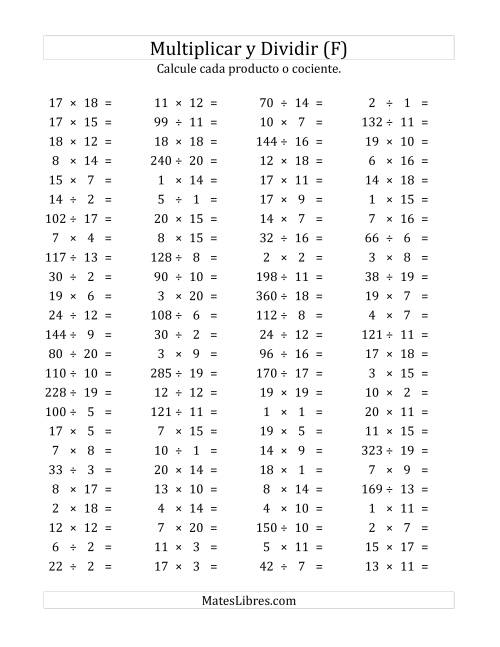 La hoja de ejercicios de 100 Preguntas Horizontales de Multiplicación y División (de 1 a 20) (F)