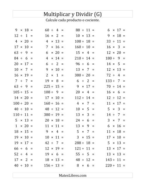 La hoja de ejercicios de 100 Preguntas Horizontales de Multiplicación y División (de 1 a 20) (G)