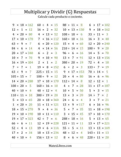 La hoja de ejercicios de 100 Preguntas Horizontales de Multiplicación y División (de 1 a 20) (G) Página 2