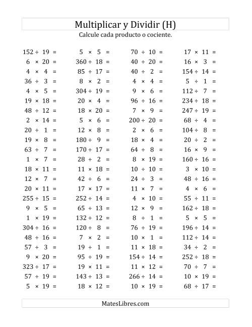 La hoja de ejercicios de 100 Preguntas Horizontales de Multiplicación y División (de 1 a 20) (H)
