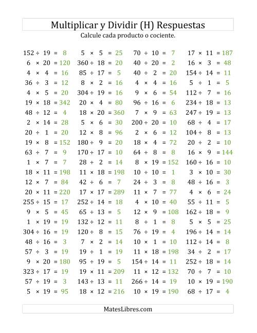 La hoja de ejercicios de 100 Preguntas Horizontales de Multiplicación y División (de 1 a 20) (H) Página 2