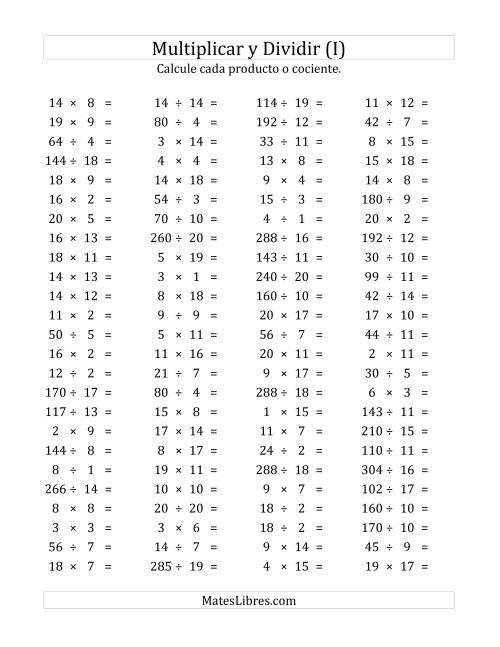 La hoja de ejercicios de 100 Preguntas Horizontales de Multiplicación y División (de 1 a 20) (I)