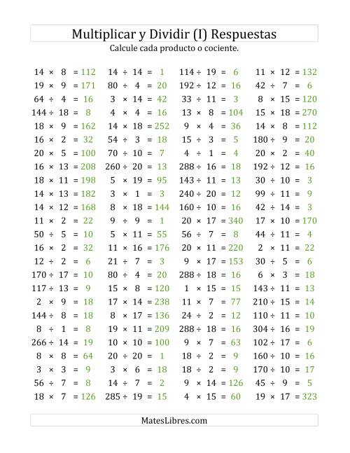 La hoja de ejercicios de 100 Preguntas Horizontales de Multiplicación y División (de 1 a 20) (I) Página 2