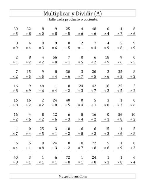 La hoja de ejercicios de Multiplicar y Dividir, Rango de 0 a 9 (A)