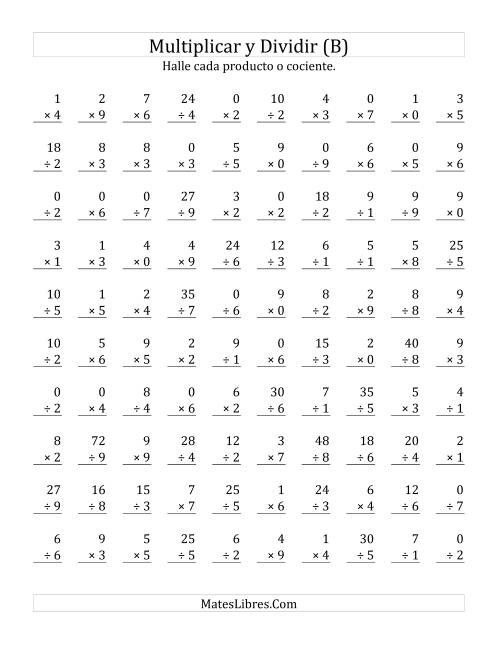 La hoja de ejercicios de Multiplicar y Dividir, Rango de 0 a 9 (B)