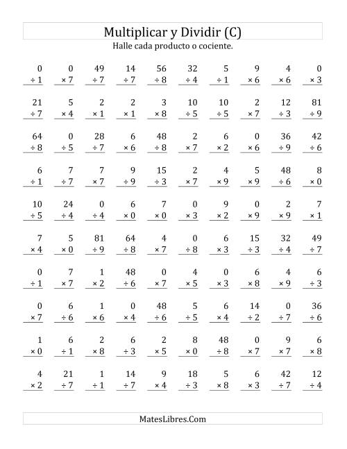 La hoja de ejercicios de Multiplicar y Dividir, Rango de 0 a 9 (C)