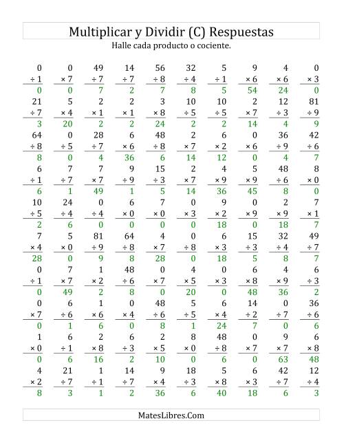 La hoja de ejercicios de Multiplicar y Dividir, Rango de 0 a 9 (C) Página 2